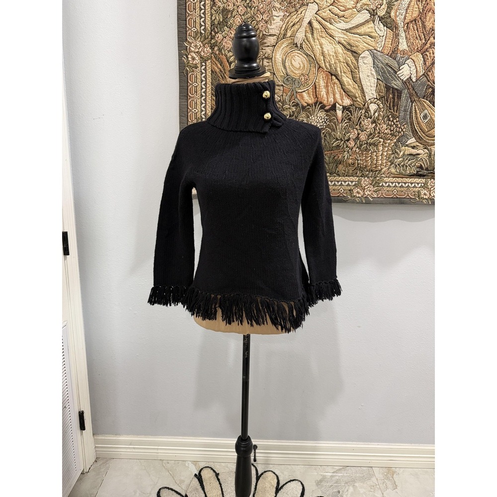 Kate Spade Sweater Womens Small Black Merino Wool Turtleneck Fringe Pullover